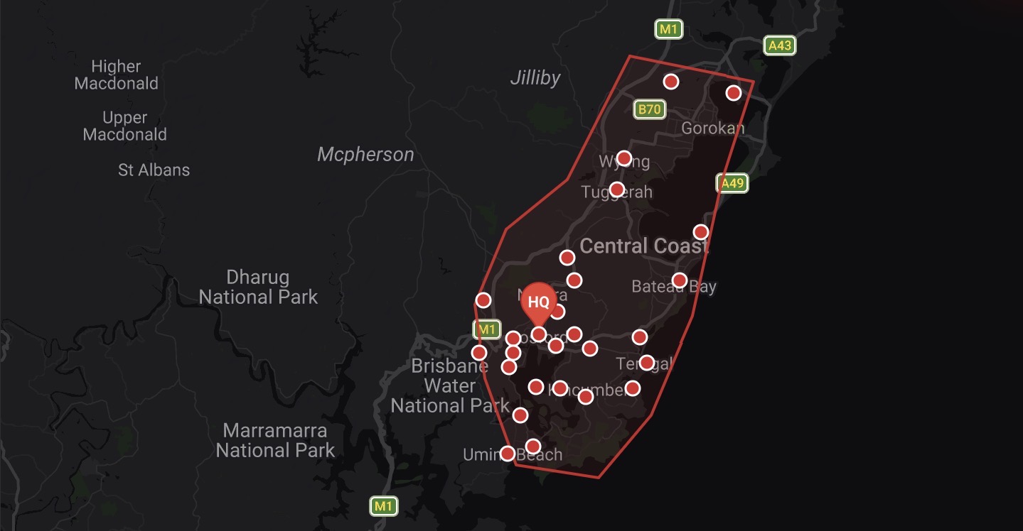 Map showing the Gosford Batteries mobile service area across the Central Coast